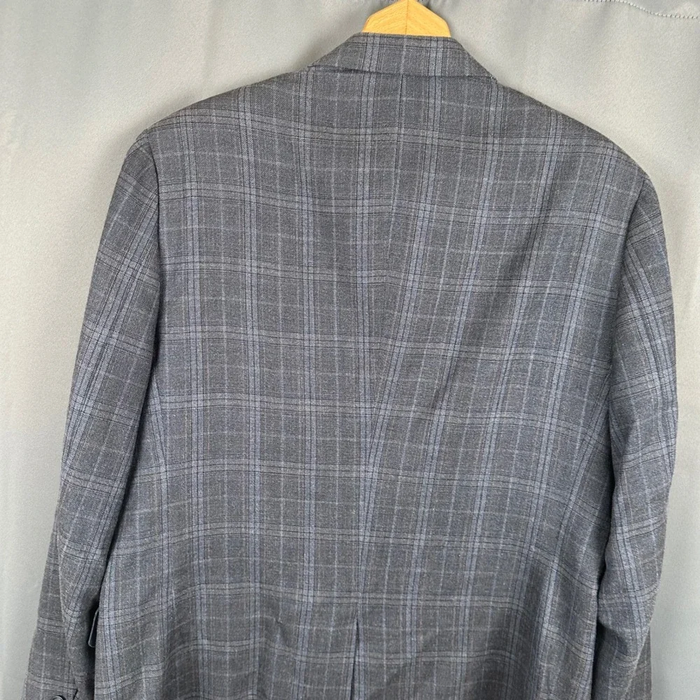 John W. Nordstrom Mens 44L Blazer Sport Coat Grey Blue Plaid Silk Wool Blend